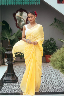 Sutayan Solid/Plain Handloom Pure Cotton Saree(Yellow)