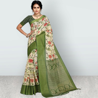 Grubstaker Printed Assam Silk Cotton Blend Saree(Multicolor)