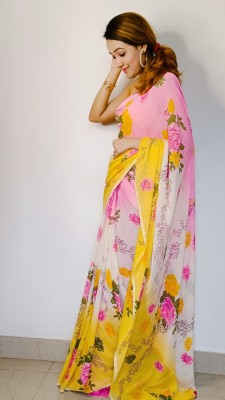 Anand Sarees Floral Print Bollywood Georgette Saree(Pink, Yellow)