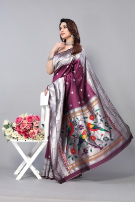 GK Textiles Woven Paithani Silk Blend Saree(Purple)