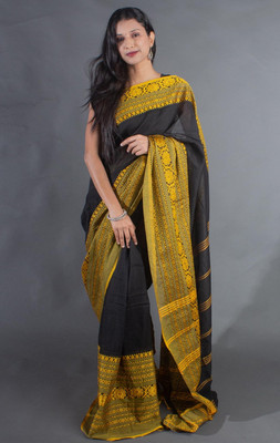 GaurabHandloom Self Design Handloom Cotton Blend Saree(Black)