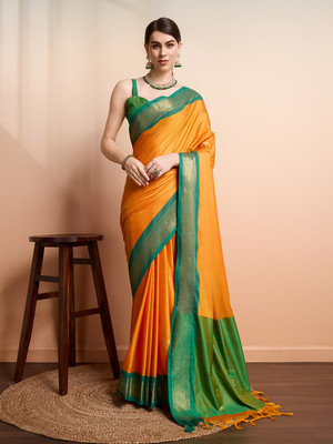 SGF11 Self Design Handloom Silk Blend Saree(Yellow, Green)