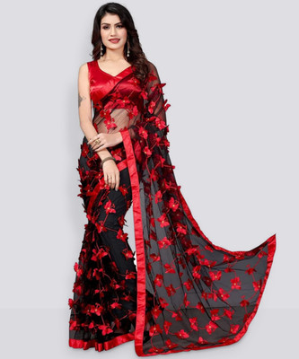 Sifoz Embroidered Assam Silk Net Saree(Black)