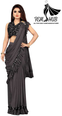 fem hub Solid/Plain Daily Wear Lycra Blend Saree(Grey)