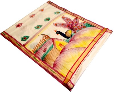 sri amman sarees Hand Painted Kasavu Cotton Blend Saree(White)