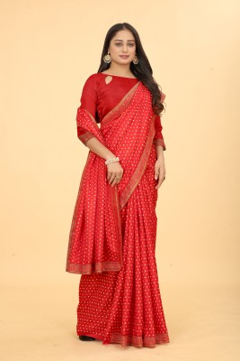 ENCLIQ Polka Print Bandhani Art Silk Saree(Red)