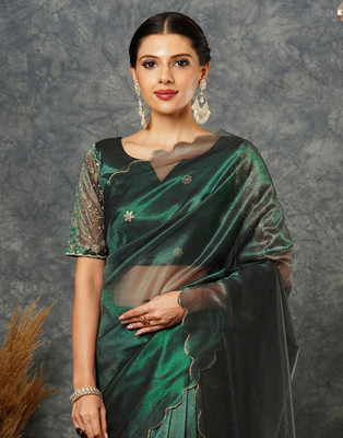 Samah Embroidered, Solid/Plain Bollywood Net Saree(Dark Green)