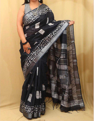 Luxury Silk Printed Hand Batik Handloom Cotton Blend Saree(Black)