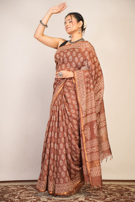 Anuttara Floral Print Saree with Attached Blouse Cotton Silk Saree(Brown)