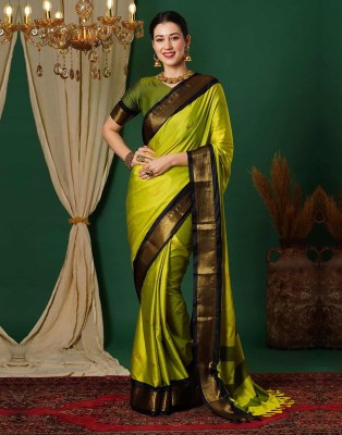 AWESOME Embellished Kanjivaram Silk Blend, Jacquard Saree(Light Green)