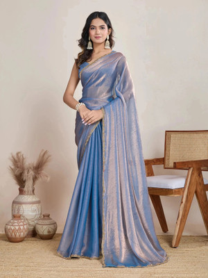 OMICRON FAB Solid/Plain Bollywood Chiffon Saree(Blue)