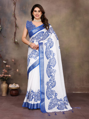 CHHABILAENTERPRISE Printed Bollywood Cotton Linen Saree(White)