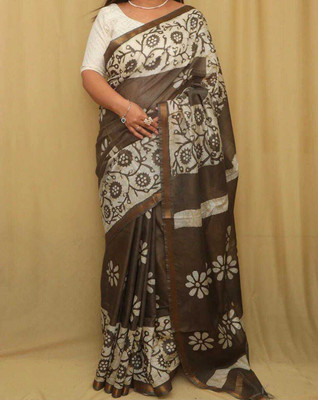 Luxury Silk Printed, Floral Print Hand Batik Handloom Cotton Blend Saree(Brown, Cream)