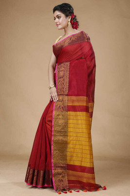 Sampa Das Woven Handloom Cotton Silk Saree(Red, Yellow)