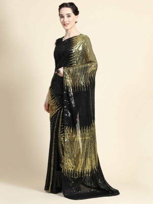 zoentik enterprise Embroidered Bollywood Georgette Saree(Gold, Black)