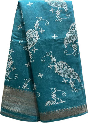 URMALL Digital Print, Paisley, Floral Print, Woven, Temple Border Banarasi Cotton Blend Saree(Blue)