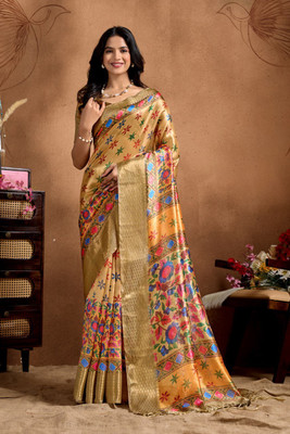 BINAKA FASHION Floral Print, Printed, Woven Daily Wear Silk Blend Saree(Multicolor, Gold)