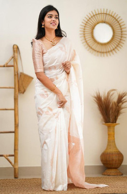 WOMENELEGENCE Embellished Banarasi Pure Silk Saree(White)
