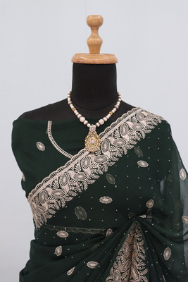 Mikhushop Embroidered Bollywood Organza Saree(Green)