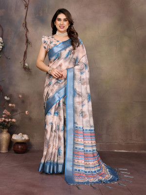 The Style Sanctuary Floral Print, Printed Bollywood Cotton Linen Saree(Cream)