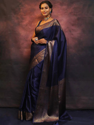 HB VENTURE Temple Border Banarasi Pure Silk Saree(Blue)