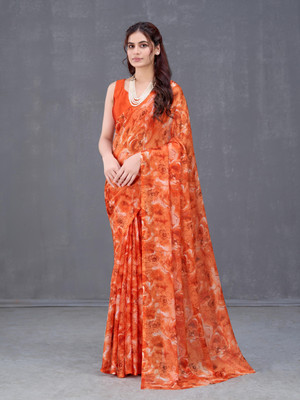 GARDEN VARELI Floral Print Bollywood Chiffon Saree(Orange)