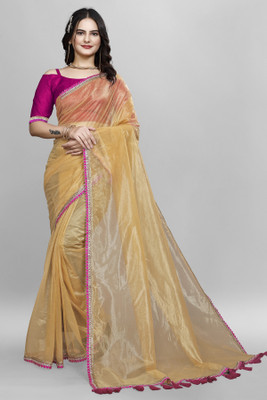Aika Solid/Plain Bollywood Net Saree(Gold)
