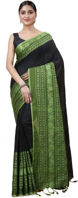 DipDiya Woven Handloom Pure Cotton Saree(Black, Green)