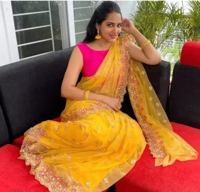 kushi fashion Self Design Daily Wear Net Saree(Yellow)