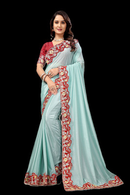 AVIRAT DESIGNER STUDIO Embroidered Bollywood Georgette Saree(Light Blue, Red)