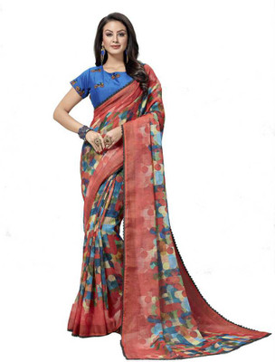 Saanjh Blocked Printed Saree with Attached Blouse Linen Saree(Orange)