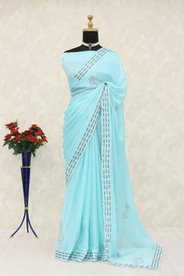 JENNYFEB Embroidered Bollywood Pure Silk Saree(Light Blue)