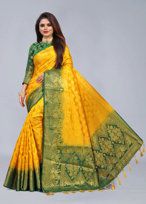 INDI FASHION Woven Banarasi Cotton Silk Saree(Multicolor)