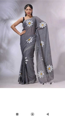 SARATHITEXTILE Digital Print Handloom Cotton Blend Saree(Grey)