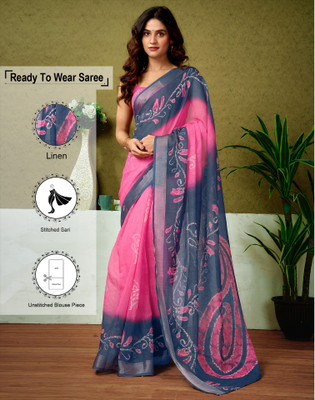 Satrani Digital Print, Floral Print, Printed Bollywood Linen Saree(Blue, Pink)