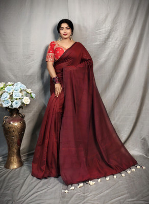 HouseOfCommon Solid/Plain Handloom Pure Cotton Saree(Maroon)