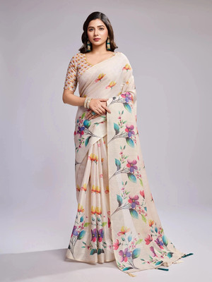 SHRIMAY Floral Print Bollywood Tussar Silk, Raw Silk Saree(Beige, Multicolor)