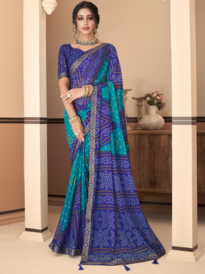 SainiVastra Printed Bandhani Chiffon Saree(Blue)