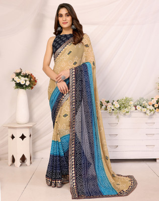 Divastri Printed Bandhani Georgette, Lace Saree(Blue)