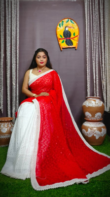SBfashions Self Design Handloom Cotton Silk Saree(Red, White)