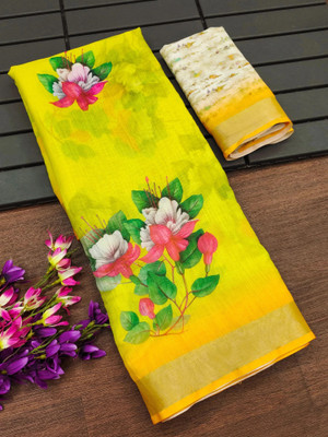 Myraani Floral Print Daily Wear Cotton Linen Saree(Yellow)