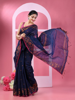 TANTLOOM Woven Handloom Cotton Silk Saree(Blue)