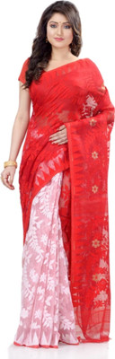 Revival Woven Jamdani Cotton Blend Saree(Red, White)