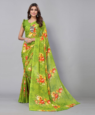 YASHIKA Floral Print Daily Wear Georgette Saree(Light Green)
