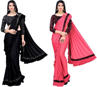 HARIOM FASHION Solid/Plain Bollywood Lycra Blend Saree(Pack of 2, Multicolor)