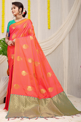sarjan creation Self Design Kanjivaram Jacquard Saree(Orange)