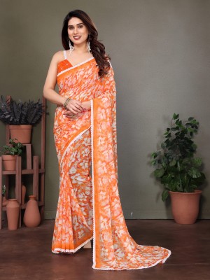 NIRMOHIFASHION Floral Print Bollywood Georgette Saree(Orange, White)