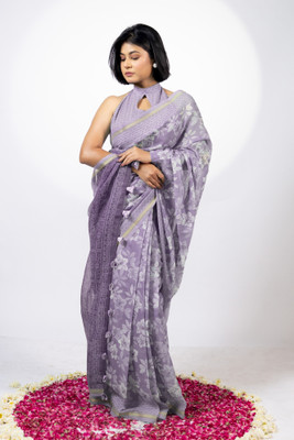 MIRCHI FASHION Printed, Floral Print Daily Wear Cotton Blend Saree(Purple, White)