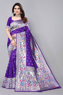nosequeen Woven, Striped, Floral Print Paithani Art Silk, Silk Blend Saree(Purple)