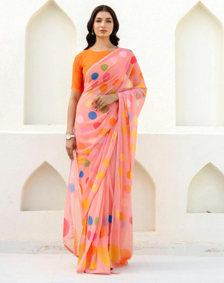 Tasrika Floral Print, Polka Print, Printed Daily Wear Chiffon, Georgette Saree(Pink)